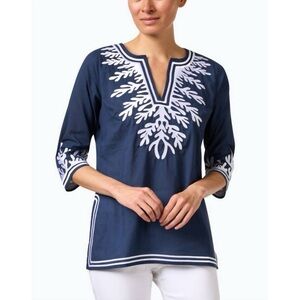 Gretchen Scott Navy Embroidered Tunic Top Coastal Chic Small